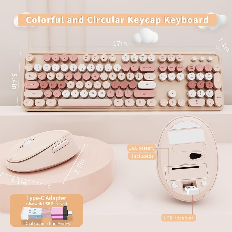 SkyGive Wireless Keyboard and Mouse Combo, Ergonomic Full Size Typewriter Retro Round Keycaps Keyboard, Compatible with Windows, PC, Perfer for Home and Office Keyboards (Chocolate Color) - Image 5